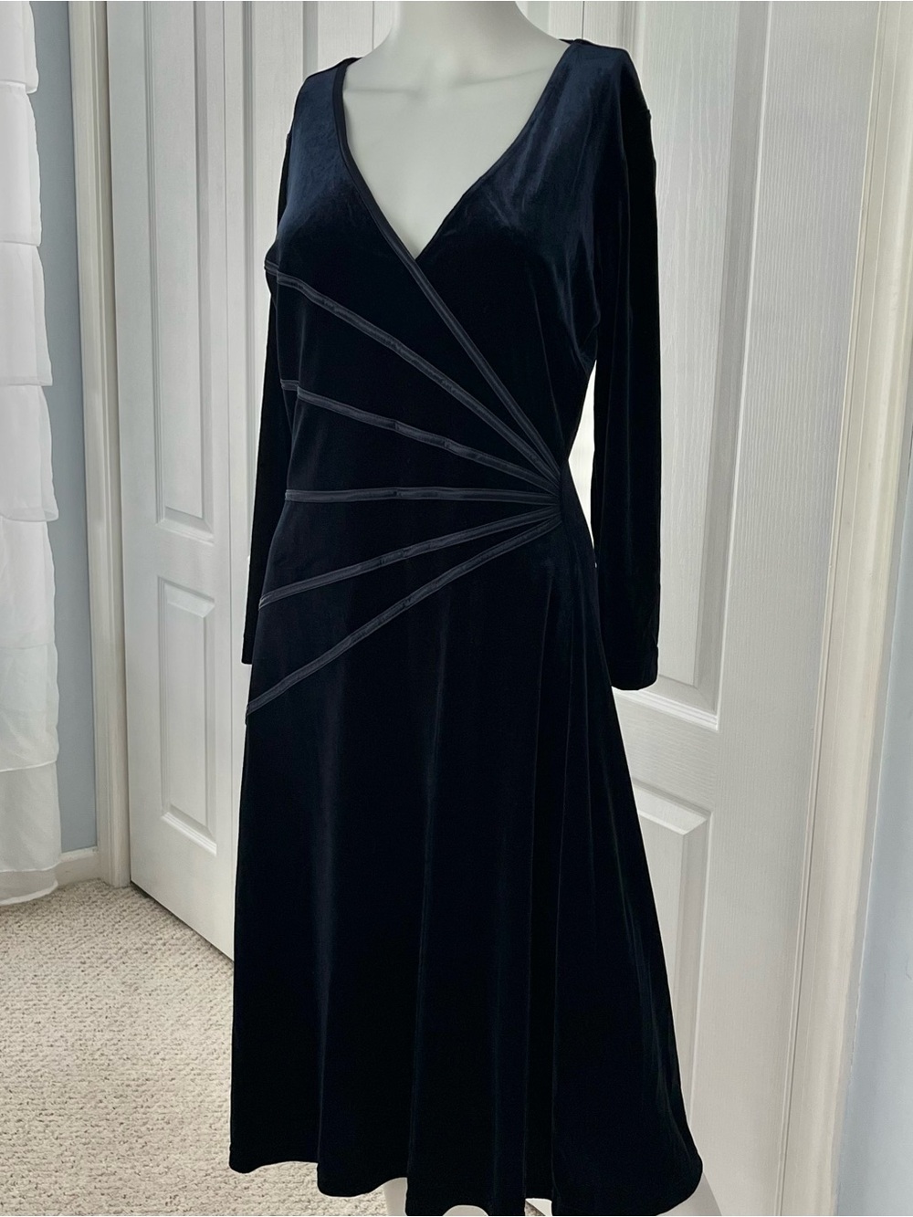 Connected Dress Women Blue Velvet Classic Midi Formal Dress radiating piping 12